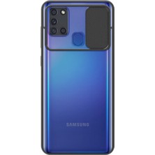 Caseart Samsung Galaxy A21S Kapak Lensi Açılır Kapanır Kamera Korumalı Silikon Kılıf - Siyah