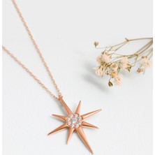 Lotus Gümüş Kutup Yıldızı Taşlı 14K Rose Gold Kaplama Kolye