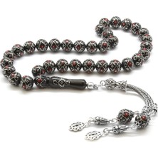 Gül Endam 925 Ayar Gümüş Püsküllü Gümüş-Mercan Işleme Küre Kesim Erzurum Oltu Taşı Tesbih