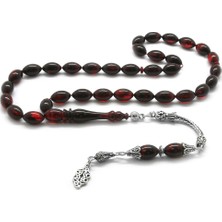 Gül Endam 925 Ayar Gümüş Püsküllü Arpa Kesim Kırmızı-Siyah Sıkma Kehribar Tesbih