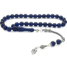 Gül Endam 925 Ayar Gümüş Püsküllü Küre Kesim Lacivert Sıkma Kehribar Tesbih