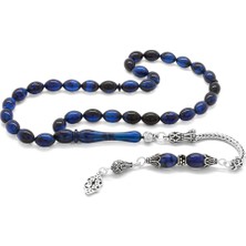 Gül Endam 925 Ayar Gümüş Püsküllü Arpa Kesim Mavi-Siyah Sıkma Kehribar Tesbih