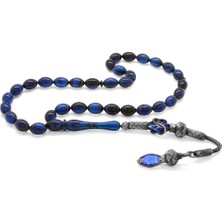 Gül Endam 1000 Ayar Gümüş Kazaz Püsküllü Arpa Kesim Mavi-Siyah Sıkma Kehribar Tesbih