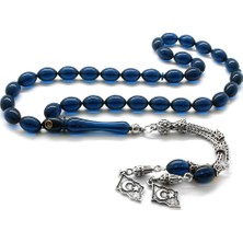 Gül Endam 925 Ayar Gümüş Çift Püsküllü Arpa Kesim Lacivert Sıkma Kehribar Tesbih