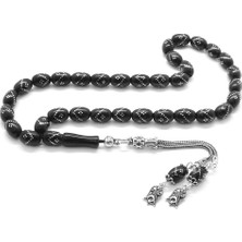 Gül Endam 925 Ayar Gümüş Püsküllü Gümüş Tek Zigzag Işlemeli Arpa Kesim Rus Oltu Tesbih