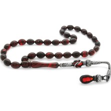 Gül Endam 1000 Ayar Gümüş Kazaz Püsküllü Arpa Kesim Kırmızı-Siyah Sıkma Kehribar Tesbih