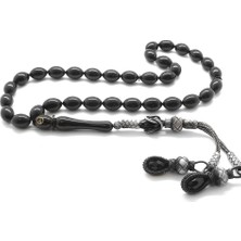 Gül Endam 1000 Ayar Gümüş Kazaz Püsküllü Arpa Kesim Siyah Sıkma Kehribar Tesbih