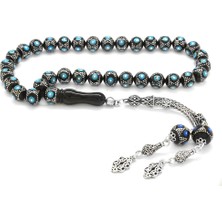 Gül Endam 925 Ayar Gümüş Püsküllü Gümüş-Firuze Işlemeli Küre Kesim Erzurum Oltu Taşı Tesbih