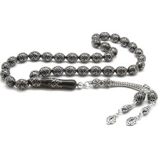 Gül Endam 925 Ayar Gümüş Püsküllü Gümüş-Firuze Işlemeli Arpa Kesim Erzurum Oltu Tesbih(M1)