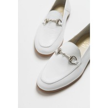 Luvi Kadın Babet Beyaz Cılt Deri Şık Tasarım 1 cm Topuklu Rahat Ayakkabı