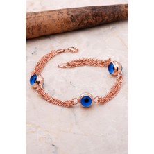 Sümer Telkari Göz Boncuklu Rose Gümüş Zincirli Bileklik