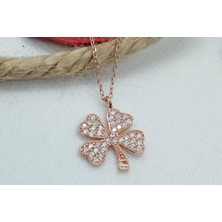 Htc Gümüş Sepeti Zirkon Taşlı Rose Renk Minik Yonca Model Kadın Gümüş Kolye