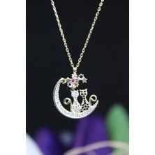 Era Gold Silver Kedi Motifli Taş Işlemeli 925 Ayar Gümüş Kadın Kolye