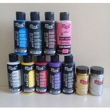 Rich Akrilik Boya Set 120 ml + 120 ml Parlak Vernik + 90 ml Titanium Metalik Altın Gümüş - 21