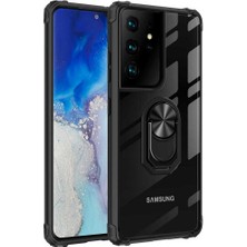 Case 4U Samsung Galaxy S21 Ultra Uyumlu Kılıf Armor Serisi Manyetik Yüzüklü Renkli Köşe Korumalı Şeffaf Silikon Mola Siyah