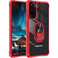 Case 4U Samsung Galaxy S21 Plus Uyumlu Kılıf Armor Serisi Manyetik Yüzüklü Renkli Köşe Korumalı Şeffaf Silikon Mola Kırmızı