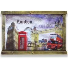 T-Bek Rustik Ahşap Çerçeveli Vintage Metal Pano London 20X30