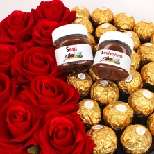 Çok Çok Hediye Yuvarlak Siyah Kutuda , Ithal Gül, Ferrero Rocher Çikolata ve Isme Özel Nutella