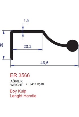Ersaş Alüminyum Dekoratif Boy Kulp Profili Er 3566 Eloksal Parlak 2,5m 1li
