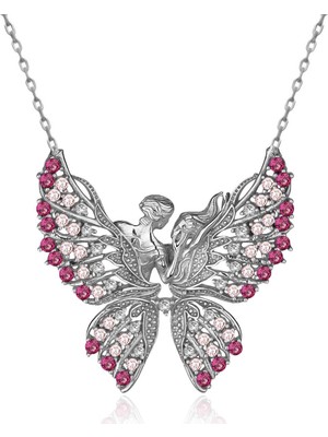 İndigo Kelebeğin Rüyası Fuşya Geçişli Gümüş Kolye
