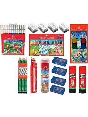 Faber-Castell Okul Kırtasiye 16 Parça Mega Set Boya + Kalem + Silgi + Açacak + Yapıştırıcı