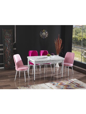 My Massa Mymassa Elit Trend Carrara Mutfak Masa Takımı - Mutfak Masası - 4 Gold Sandalyeli - Yemek Odası Takımı