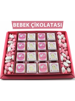 Dark Brown Hoşgeldin Bebek Çikolatası 48 Madlen ve Badem Drajeli Kız Bebek Doğum Hediyesi