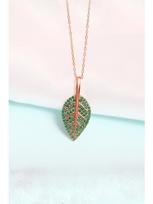 Lotus Gümüş Zeytin Yaprağı Motifli 14K Rose Gold Kaplama Kadın Kolye