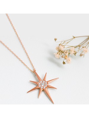 Lotus Gümüş Kutup Yıldızı Taşlı 14K Rose Gold Kaplama Kolye