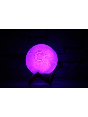 Şifa-İnur 3D Standlı Türk Bayraklı Dolunay Gece Lambası 7 Farklı Renk Değiştiren Ay Lamba (36CM Çap)