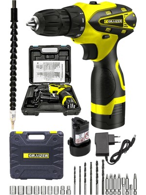 Graizer Alman Titan 32 V Sjs Çift Metal Şanzuman Çift Akülü Şarjlı Vidalama Matkap + 24 Parça Set Sari Ar