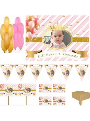 Hayaller Dükkanı Altin Konsept, Prenses Temalı Doğum Günü Süsleme ve Magnet Set,  1 Yaş Doğum Günü Süsleri, Kız Çocuk 50X70 cm Branda Baskı