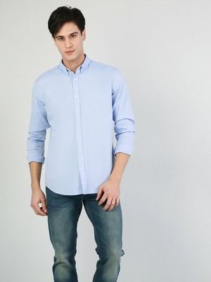 Colins  Regular Fit Shirt Neck Erkek Mavi Uzun Kol Gömlek