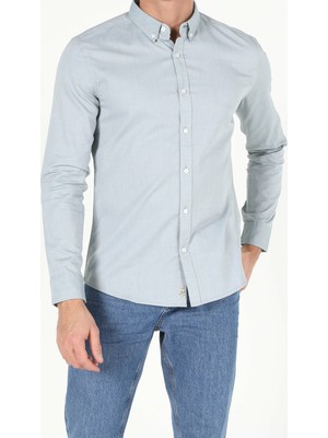 Colins  Slim Fit Shirt Neck Erkek Yeşil Uzun Kol Gömlek