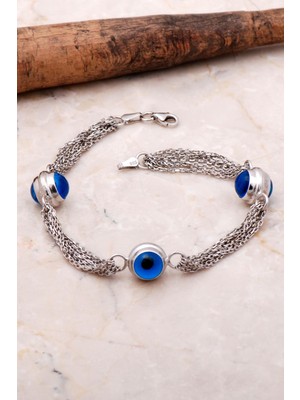 Sümer Telkari Göz Boncuklu Zincirli Gümüş Bileklik