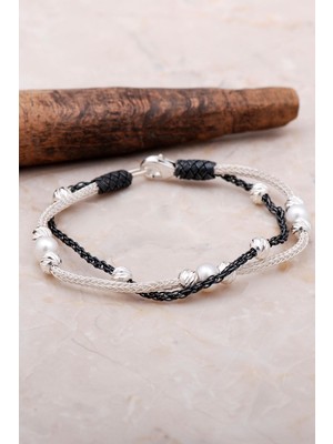 Sümer Telkari Kazaziye Dorika İnci Taşlı Örgü 1000 Ayar Gümüş Bileklik 3466