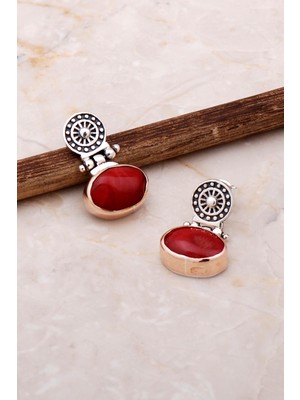 Sümer Telkari Mercan Taşlı Elişi Antik Tasarım Gümüş Küpe