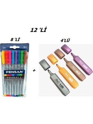 Pensan Triball Tükenmez Kalem 8'li + Masis Metalik Fosforlu Kalem 4'lü