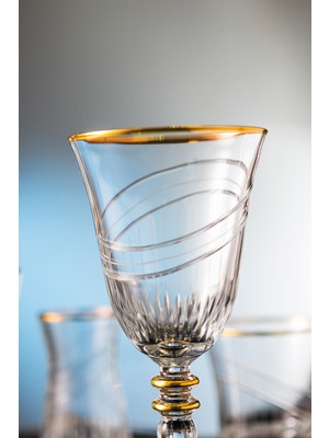 Kcd Seremoni Altın Kesme El Dekor Yaldızlı Desenli Cam 6 Adet Ayaklı Bardak Kadeh