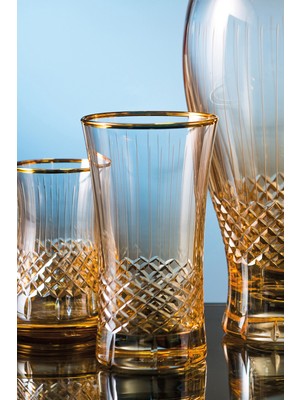 Kcd Antik Sarı Kesme El Dekor Yaldızlı 6 Adet Desenli Su ve Meşrubat Bardak Takımı