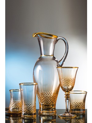 Kcd Antik Sarı 61 Parça Cam Sofra Sunum Çeyiz Seti Su Bardak Takımı Kesme El Dekor