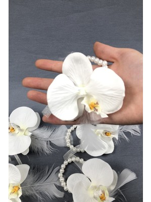 Orkide Çiçek Tüylü Nedime Bileklik Seti