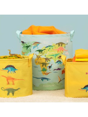 Ocean Home Textile Dinozor Baskılı Çocuk Odası Oyuncak Düzenleyici Kirli Çamaşır Sepeti 30x31 cm