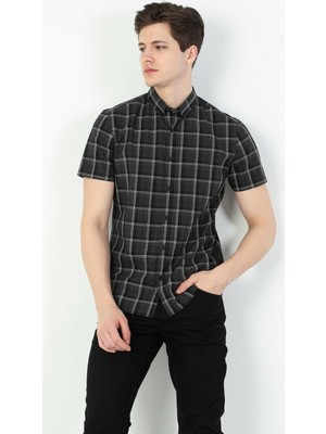 Colin's Erkek Slim Fit Shirt Neck Erkek Siyah Kısa Kol Gömlek