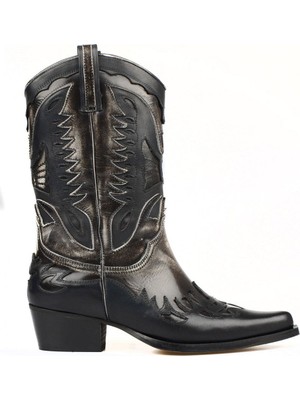 FootCourt Footcourt Siyah Beyaz Kadın Kovboy Çizme (Buz)