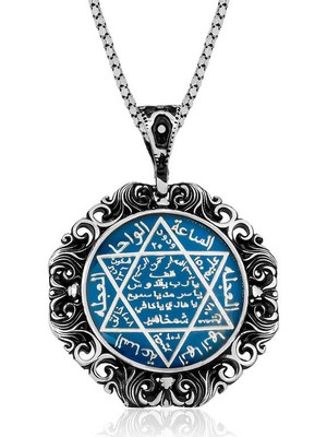 Gumush Gümüş Mavi Mineli Büyük Süleyman Mührü Kolye