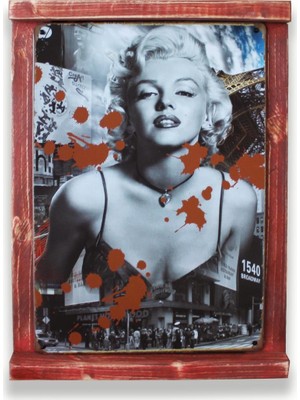 T-Bek Rustik Ahşap Çerçeveli Vintage Metal Pano M. Monroe Red 20X30