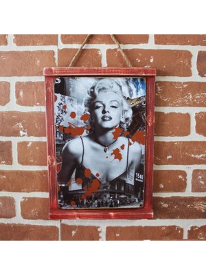 T-Bek Rustik Ahşap Çerçeveli Vintage Metal Pano M. Monroe Red 20X30