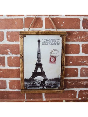 T-Bek Rustik Ahşap Çerçeveli Vintage Metal Pano Paris Mail 20X30