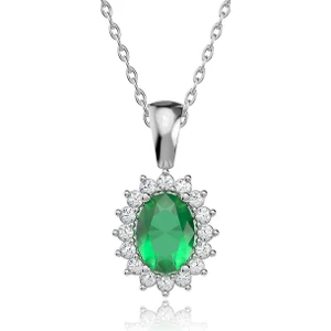 Oval Yeşil Taşlı Anturaj Beyaz Gümüş Kolye